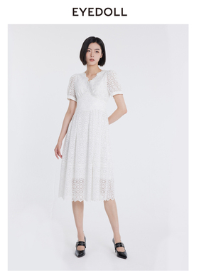 EYEDOLL夏季新款气质女人味蕾丝V领中长款连衣裙女