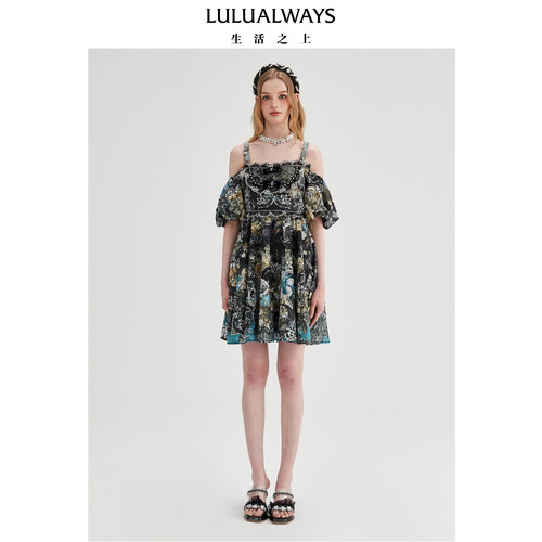 LULUALWAYS【商场同款】个性露肩泡泡袖复古提花连衣裙