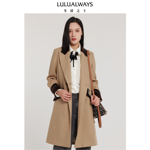 简约lulualways双排扣毛呢大衣
