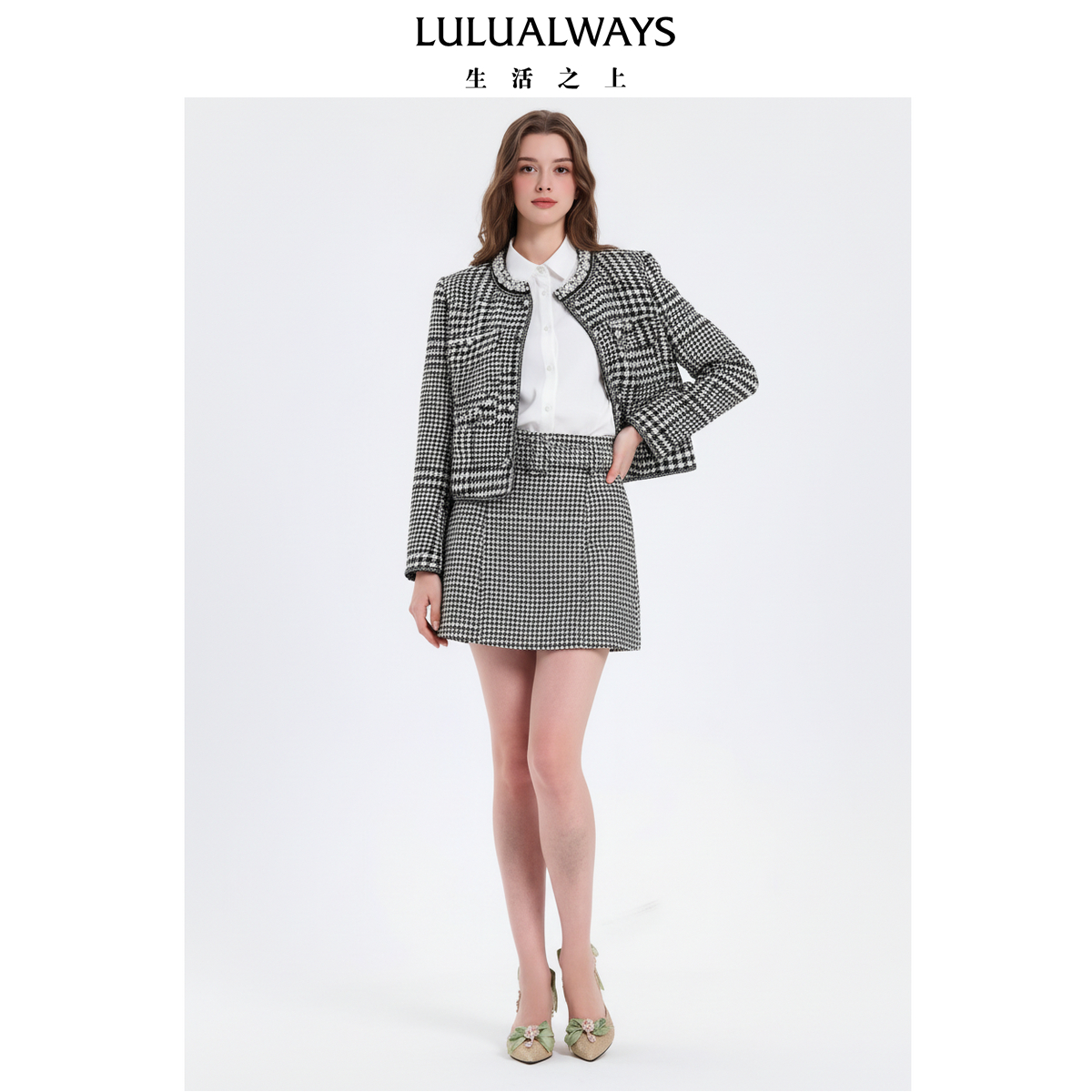 LULUALWAYS我爱露露26春季新款优雅经典时尚格子黑白千鸟格短外套