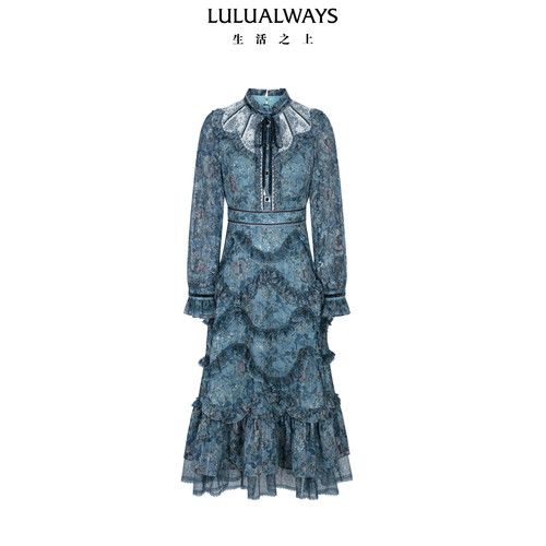 LULUALWAYS【商场同款】26春季新款法式复古蓝色荷叶边连衣裙