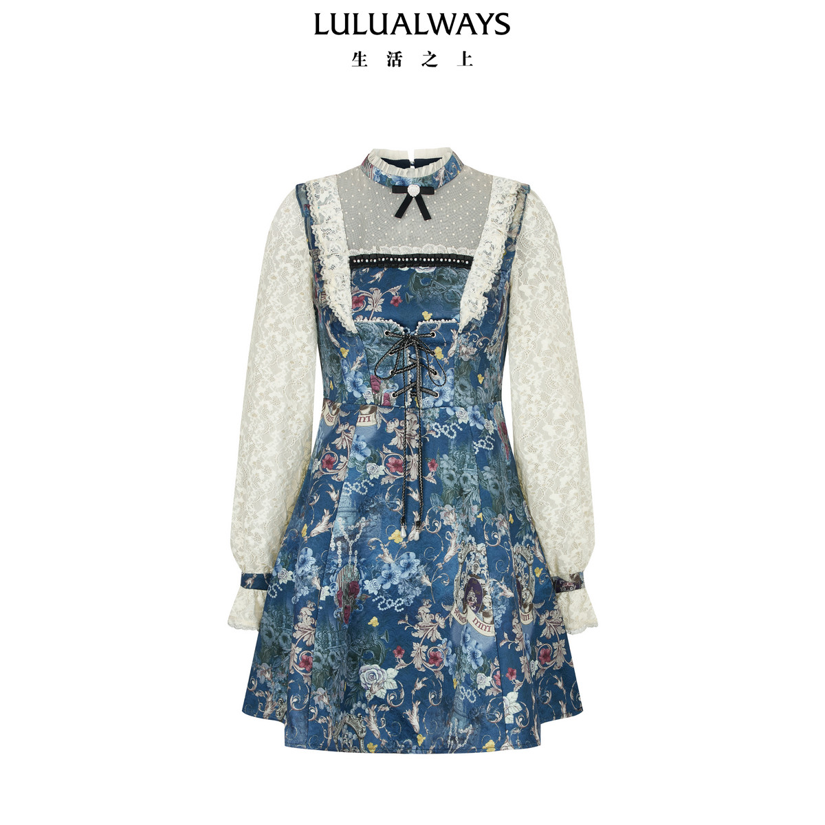 LULUALWAYS我爱露露26冬季新款复古提花藏蓝色蕾丝拼接收腰连衣裙
