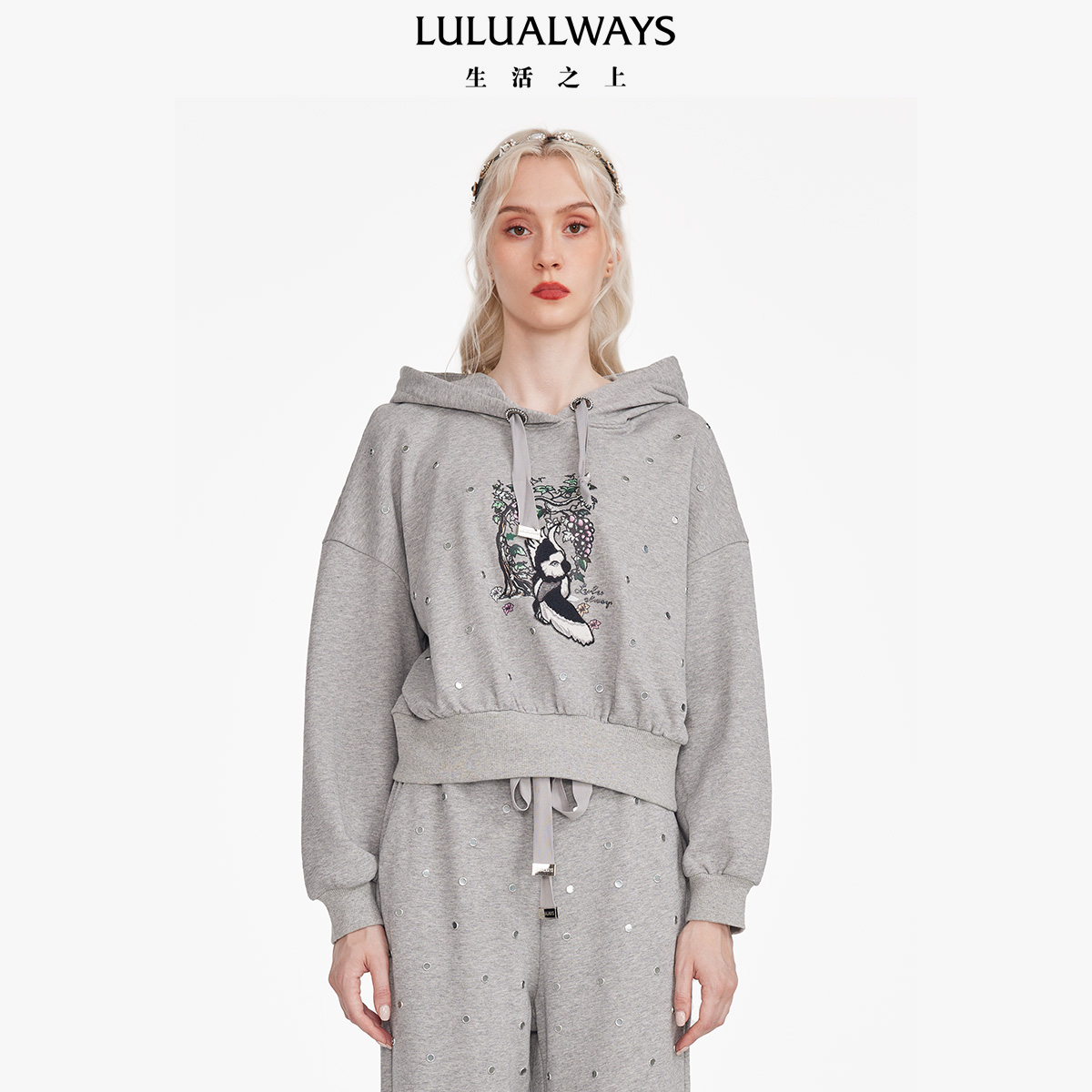 LULUALWAYS动物刺绣灰色卫衣