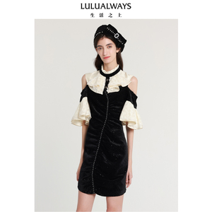 LULUALWAYS我爱露露新款气质小众露肩小心机丝绒连衣裙