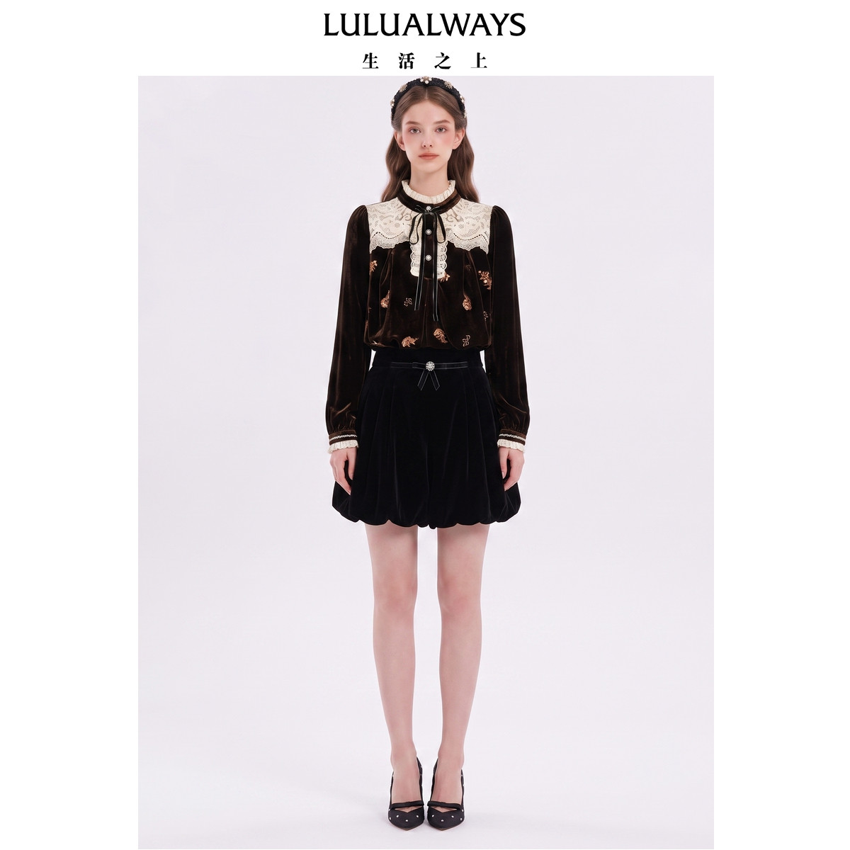 LULUALWAYS【商场同款】26秋季新款法式复古咖啡色显瘦丝绒上衣女