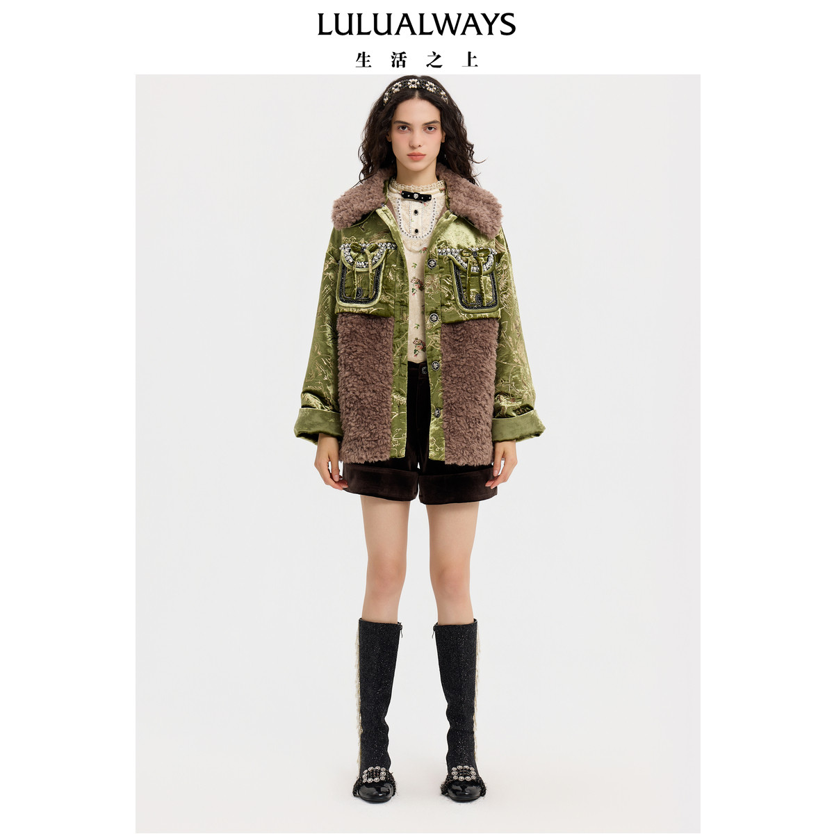LULUALWAYS【商场同款】冬季新款华丽保暖丝绒拼接羊羔毛外套女