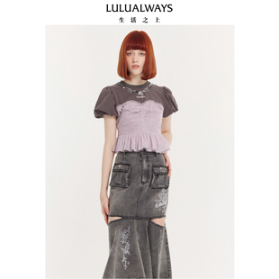 修身 LULUALWAYS我爱露露夏季 拼接短款 设计感泡泡袖 T恤 新款