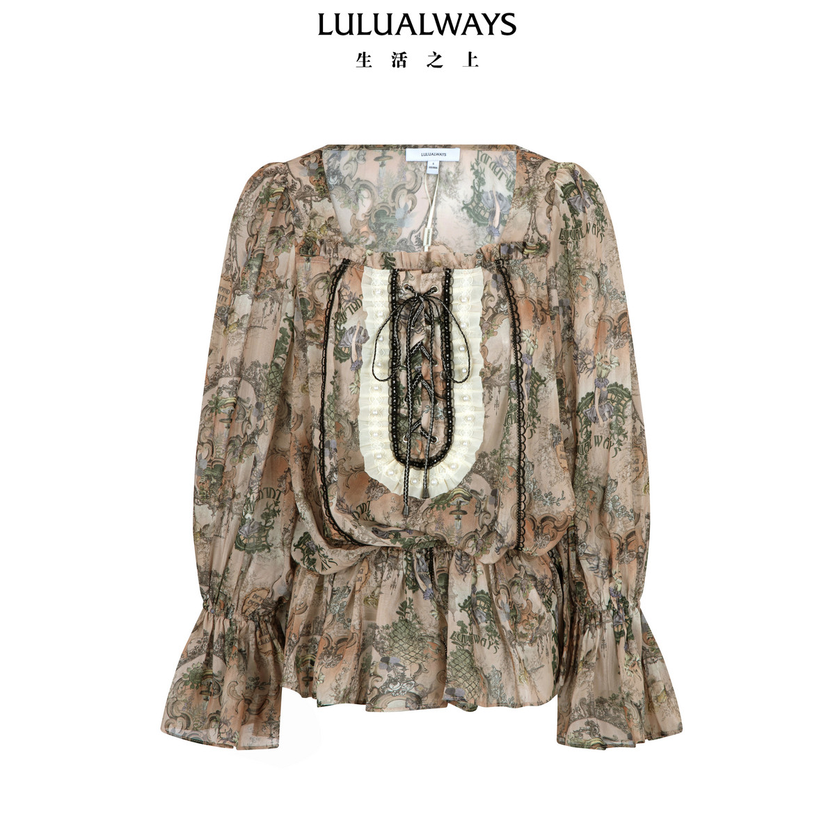 LULUALWAYS【商场同款】冬季法式复古浪漫宽松版喇叭袖上衣图片
