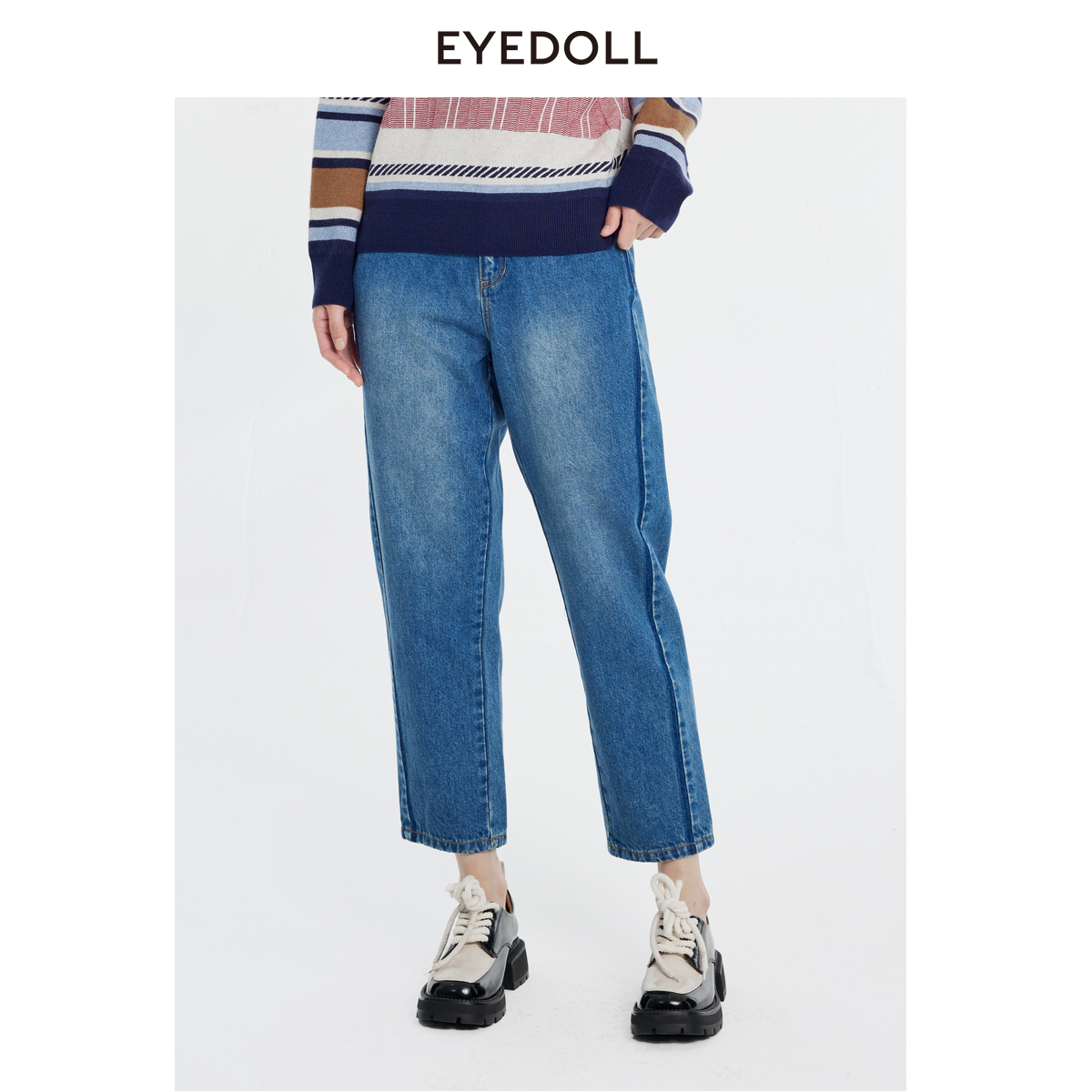 EYEDOLL新款百搭简约直筒显瘦蓝色牛仔长裤