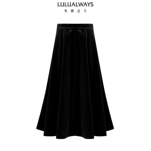 LULUALWAYS【商场同款】冬季新款优雅风黑色丝绒长款A字半身裙