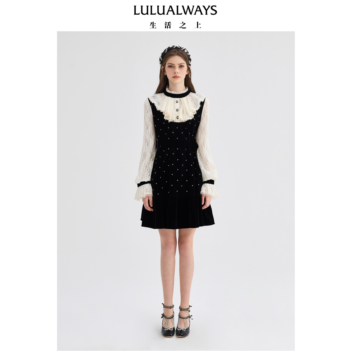 LULUALWAYS【商场同款】冬季新款气质优雅重工收腰平绒长袖裙子女