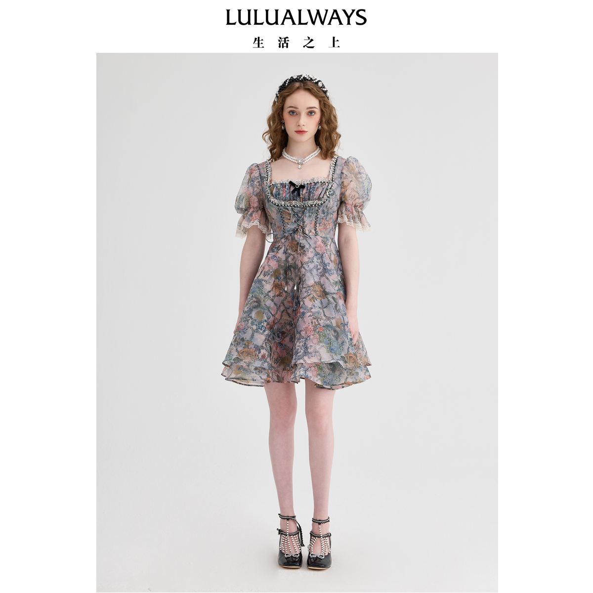 LULUALWAYS【商场同款】秋季新款甜美显瘦欧根纱印花短款连衣裙