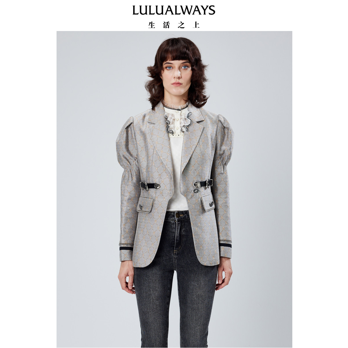 LULUALWAYS我爱露露秋季新款复古时尚独特提花X型西装外套