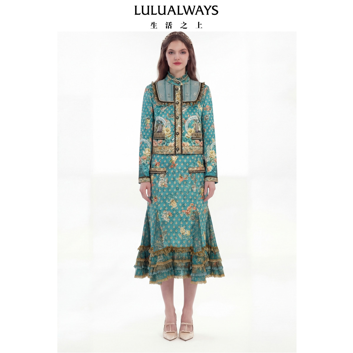LULUALWAYS【商场同款】26春季新款复古宫廷风华丽蕾丝湖蓝色外套