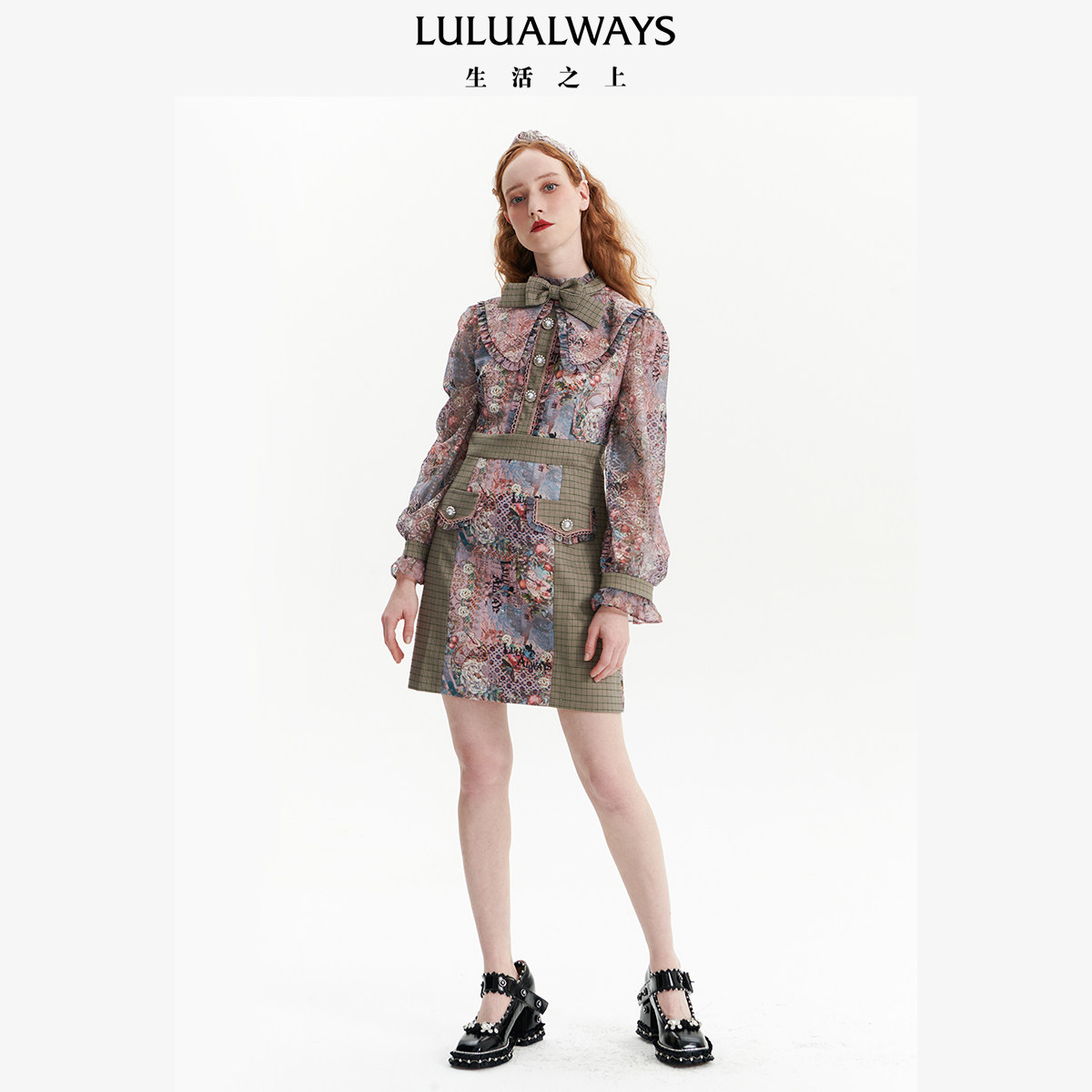 LULUALWAYS拼接风粉色连衣裙图片