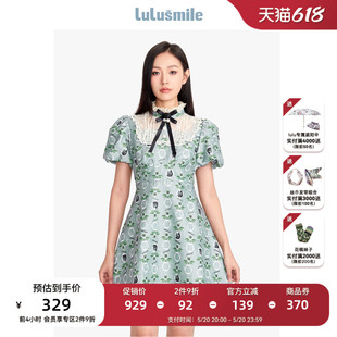 新款 lulusmile夏季 A字连衣裙 商场同款 蕾丝甜美蝴蝶结泡泡袖