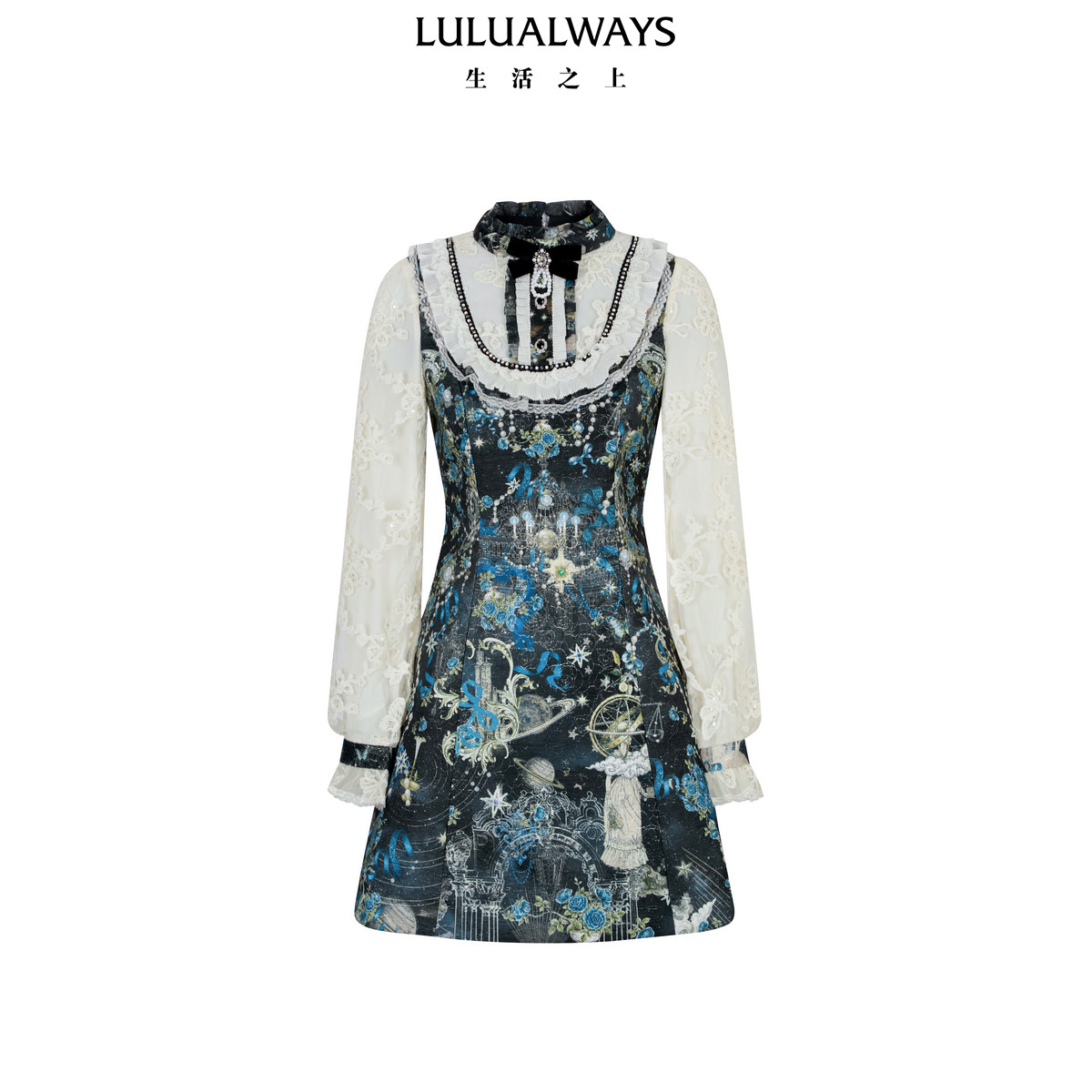 LULUALWAYS【商场同款】26冬季新款复古宫廷蕾丝提花收腰连衣裙