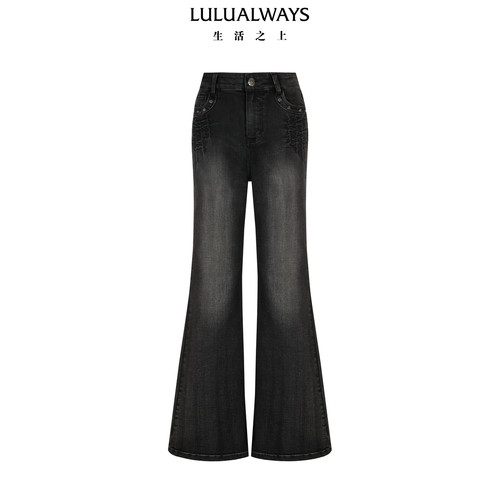 LULUALWAYS我爱露露25冬季复古高腰显瘦磨白加绒微喇牛仔裤女
