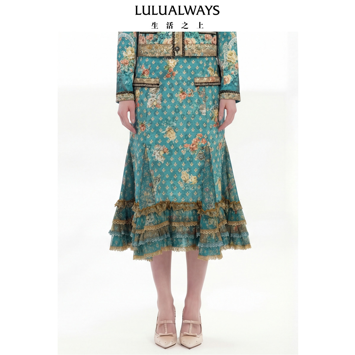 LULUALWAYS【商场同款】26春季新款复古宫廷风鱼尾荷叶边半身裙