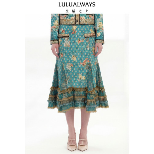 LULUALWAYS【商场同款】26春季新款复古宫廷风鱼尾荷叶边半身裙