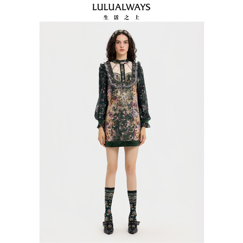 LULUALWAYS【商场同款】25冬季新款复古艺术提花荷叶边H型连衣裙