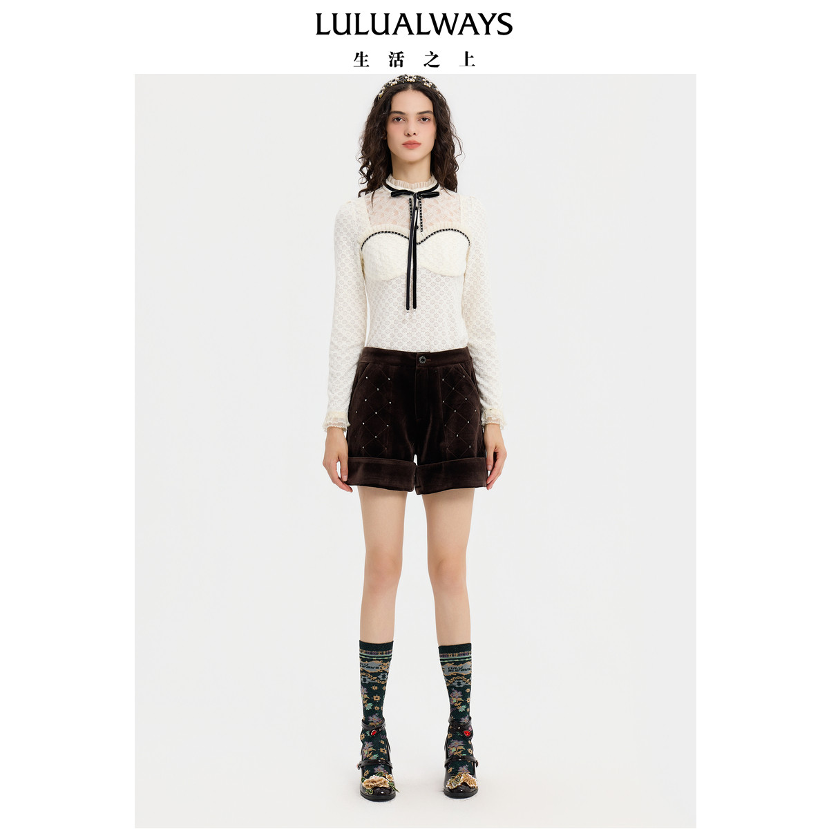 LULUALWAYS【商场同款】冬季新款法式优雅甜美蕾丝拼接米色上衣