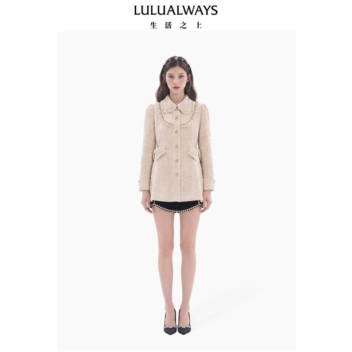 LULUALWAYS【商场同款】26冬季新款复古千金荷叶边收腰娃娃领大衣