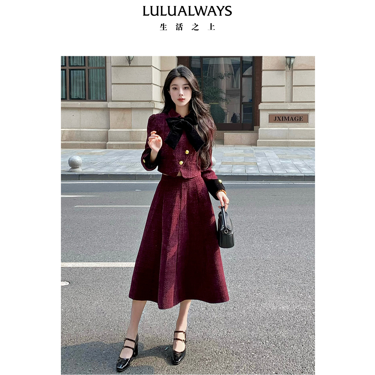 LULUALWAYS【商场同款】冬季新款优雅通勤小香风丝绒蝴蝶结短外套