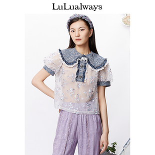 我爱露露 甜美网纱牛仔拼接泡泡袖 LULUALWAYS 新款 蕾丝衫 女衬衫