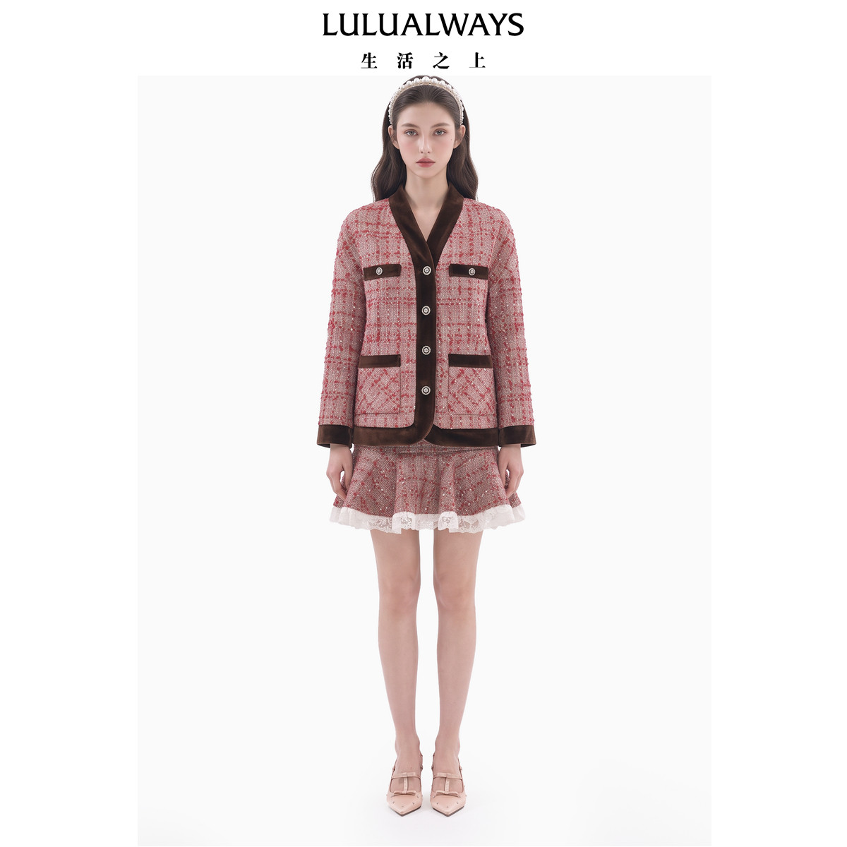 LULUALWAYS我爱露露26冬季新款复古红粉杂色粗花呢小香风短外套