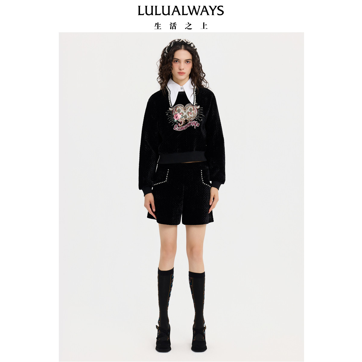 LULUALWAYS【商场同款】冬季优雅时尚丝绒修身高腰黑色短裤