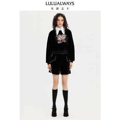 LULUALWAYS【商场同款】冬季优雅时尚丝绒修身高腰黑色短裤