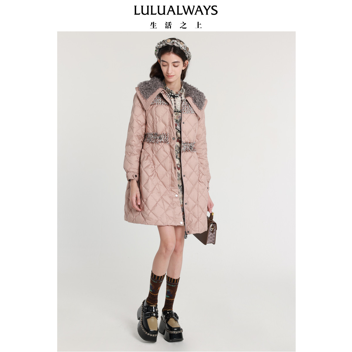 LULUALWAYS我爱露露新款时尚收腰显瘦粉色中长款羽绒服,女装/女士精品,羽绒服,淘宝优惠券,粉丝福利购,淘宝优惠卷