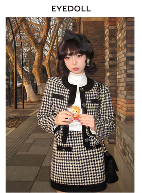 EYEDOLL新款气质优雅通勤千鸟格圆领毛呢外套