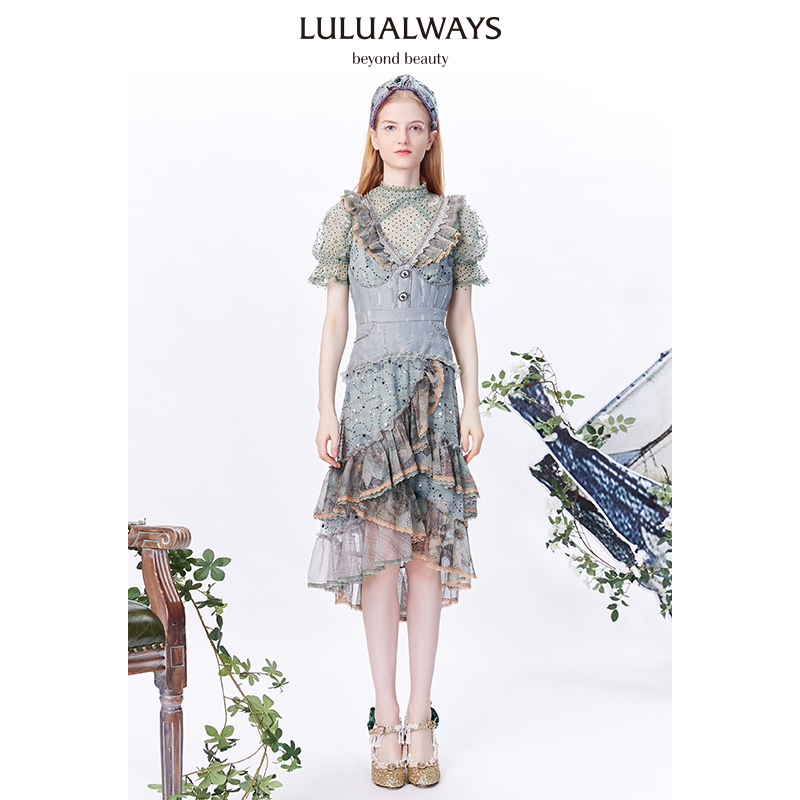 LULUALWAYS【商场同款】法式复古拼接V领背心无袖不规则连衣裙女