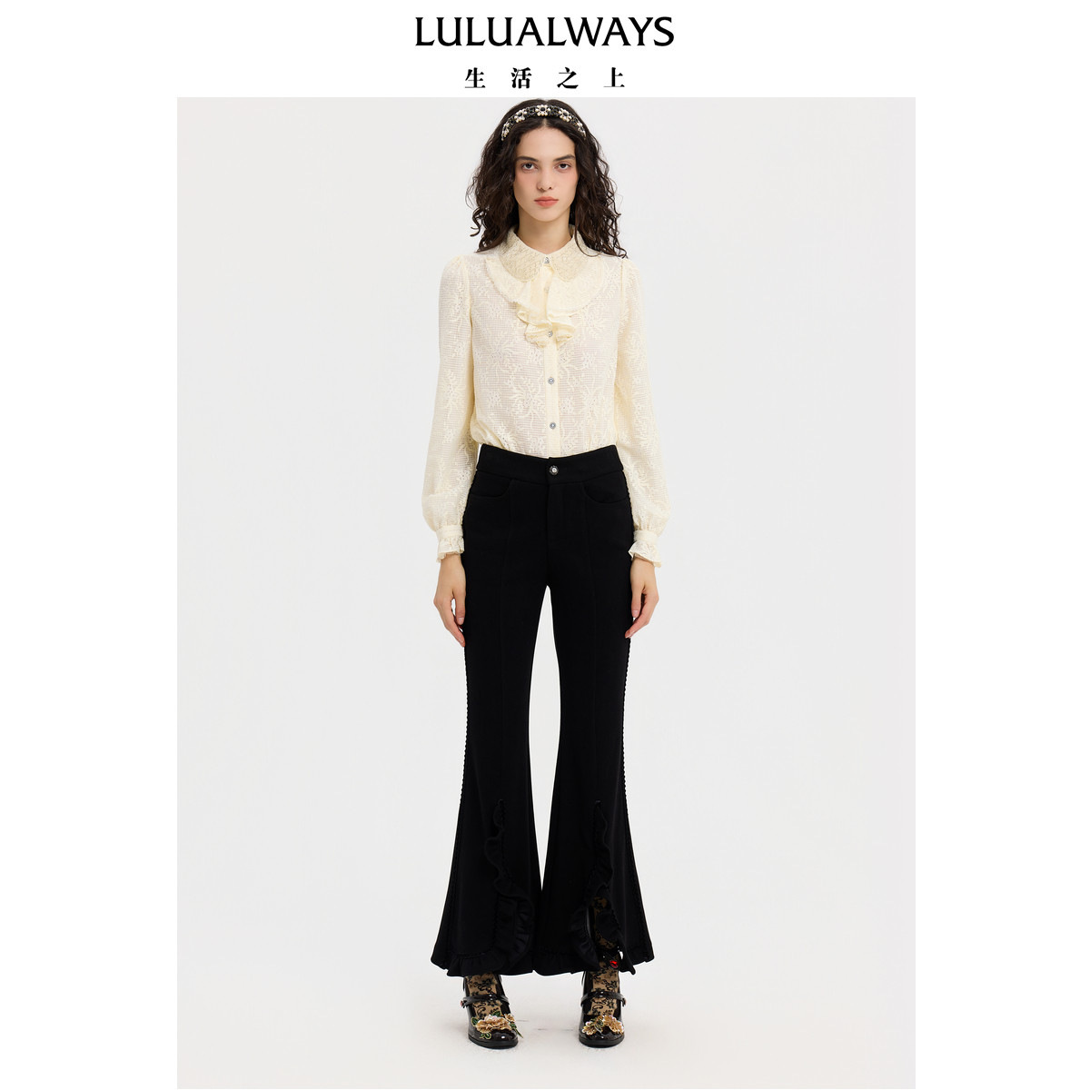 LULUALWAYS【商场同款】冬季甜美风蕾丝娃娃领衬衫米色上衣