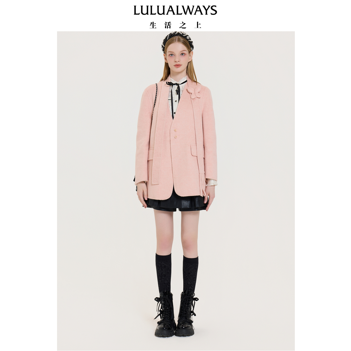 LULUALWAYS我爱露露25冬季新款甜美温柔优雅宽松毛呢V领大衣外套