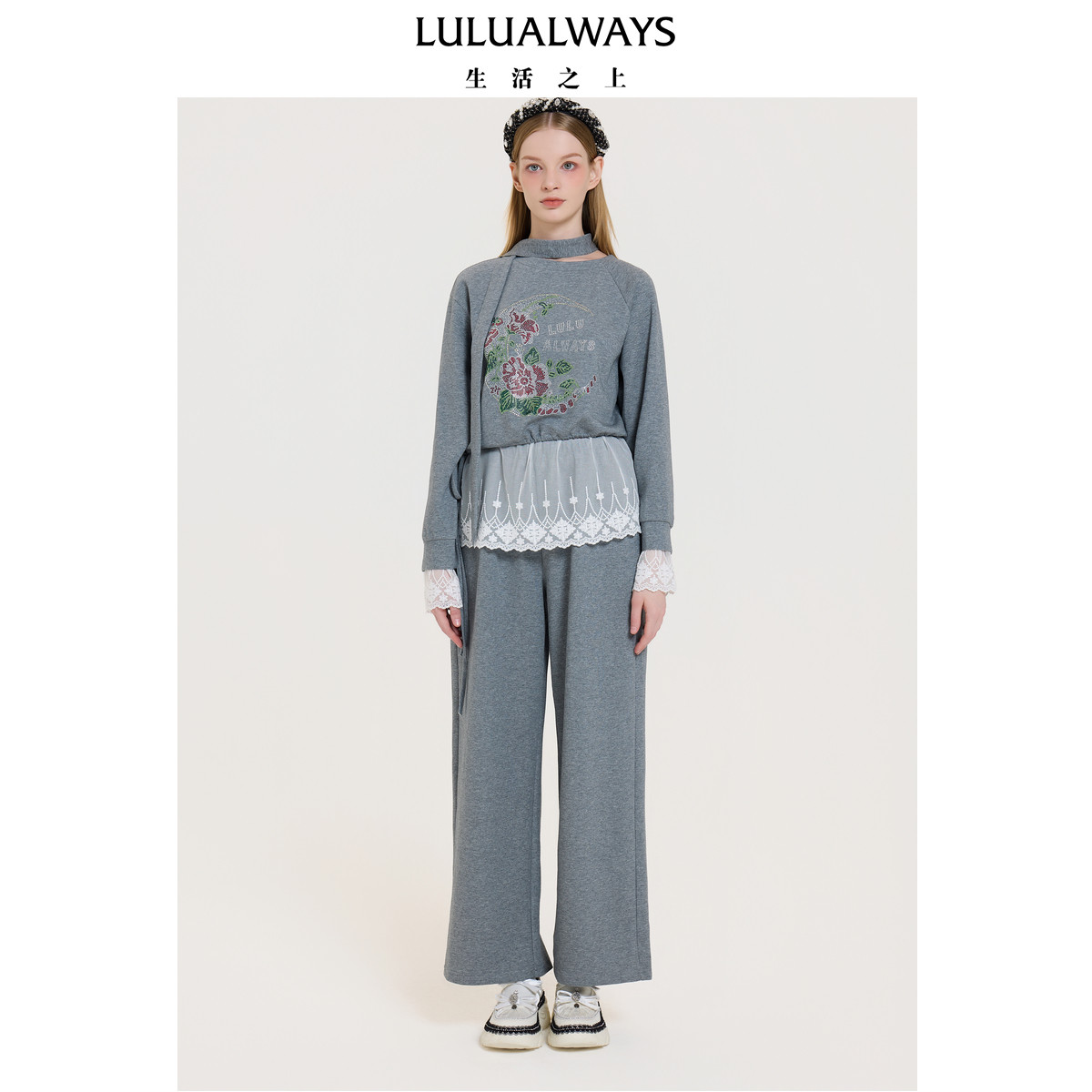 LULUALWAYS【商场同款】25冬季新款时尚休闲俏皮蕾丝抽绳设计卫衣,女装/女士精品,卫衣/绒衫,淘宝优惠券,粉丝福利购,淘宝优惠卷