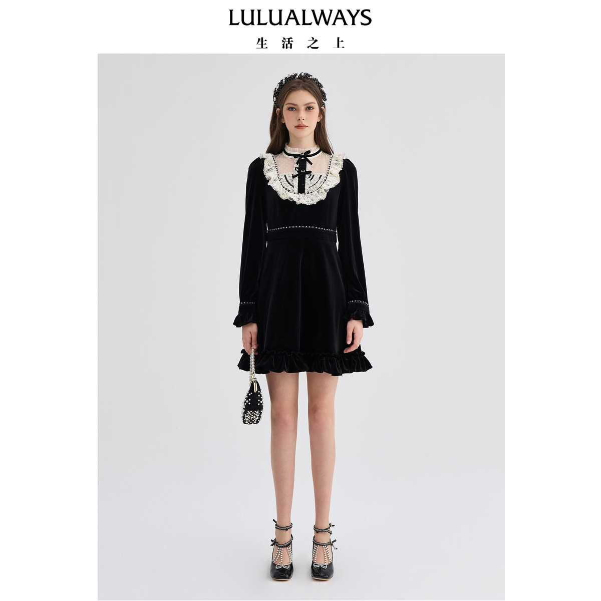 LULUALWAYS黑白花边拼接连衣裙