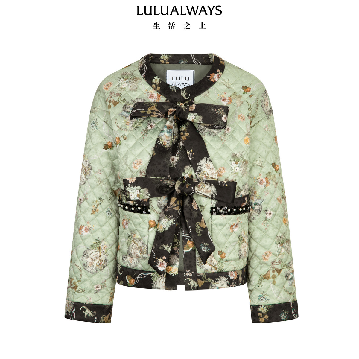 LULUALWAYS【商场同款】26春季新款复古风格圆领撞色蝴蝶结棉外套