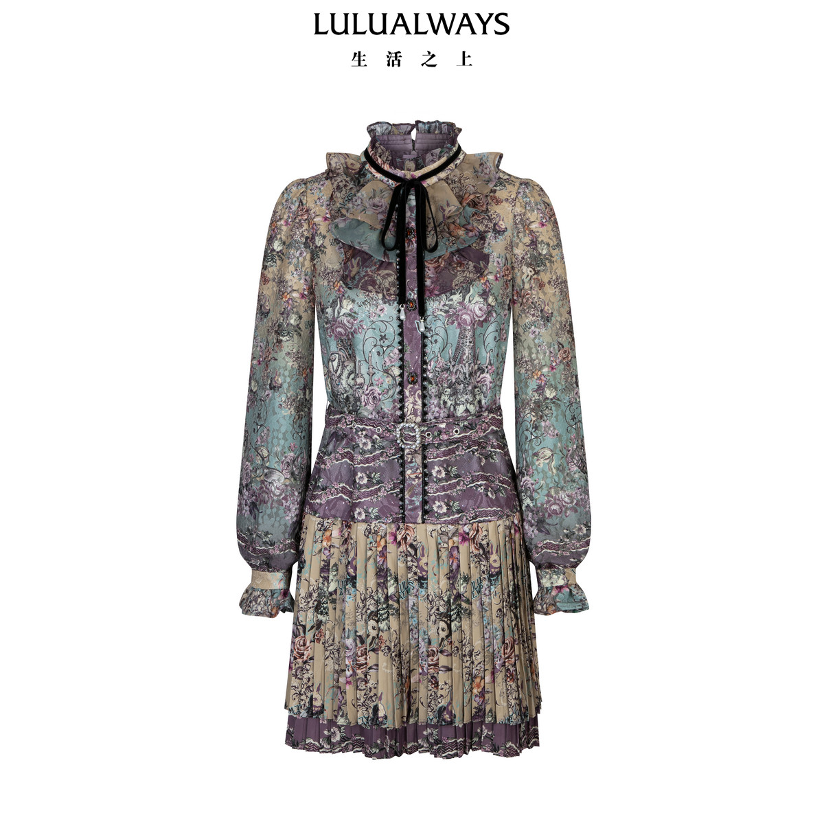 LULUALWAYS【商场同款】25冬季复古宫廷风木耳领荷叶边连衣裙