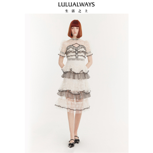 LULUALWAYS我爱露露夏季 优雅蝴蝶蕾丝拼接蛋糕裙连衣裙 新款