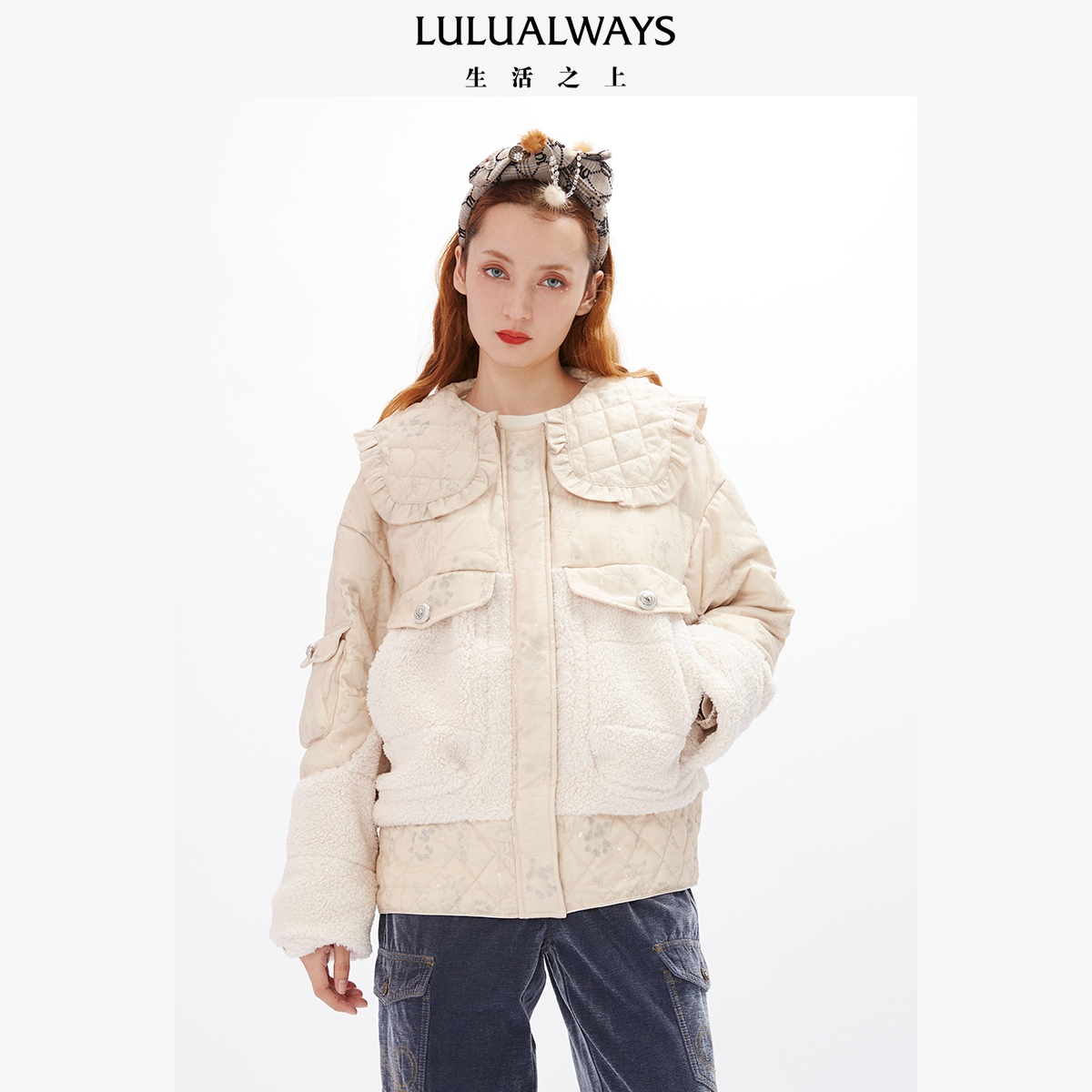 拼接羽绒服lulualways法式娃娃领