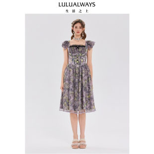 LULUALWAYS25夏季 优雅风方领珍珠蕾丝花边连衣裙 新款