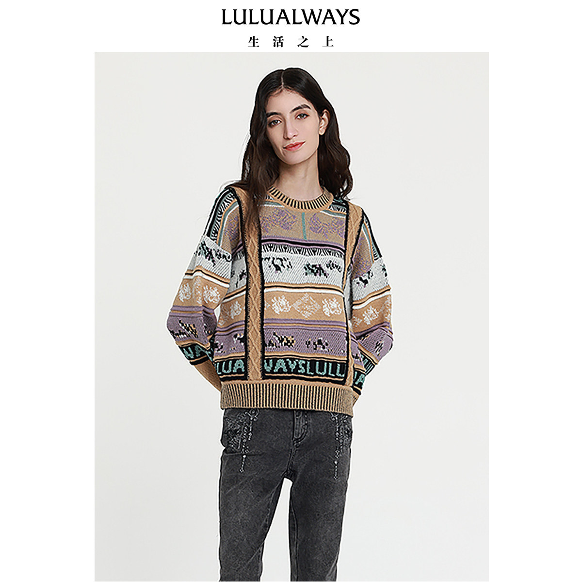 LULUALWAYS我爱露露新款时尚复古圆领短款女针织套头衫