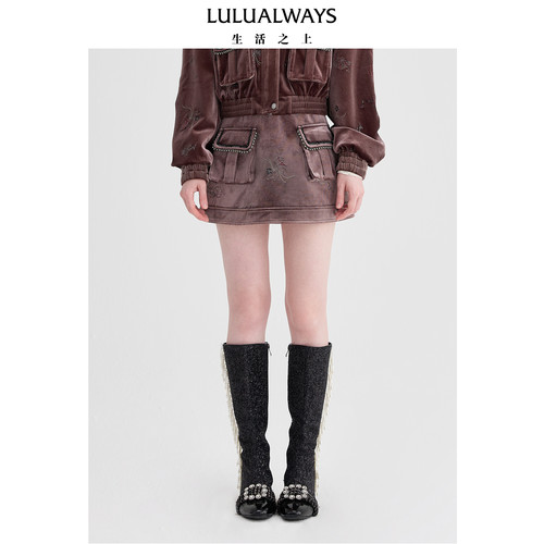 LULUALWAYS【商场同款】秋季新款复古绣花丝高腰A字短款半身裙