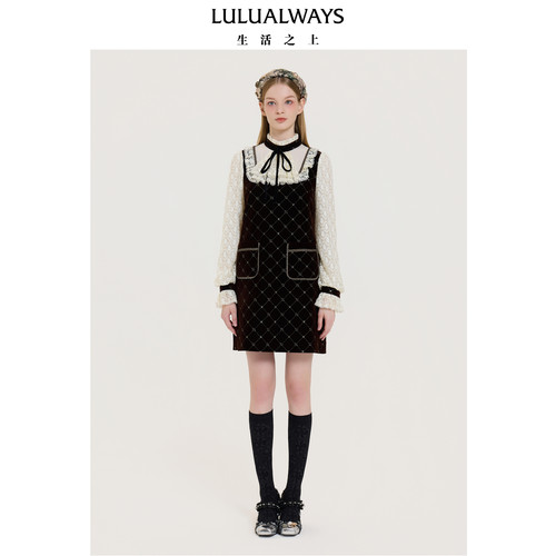 LULUALWAYS我爱露露冬季复古蕾丝拼接丝绒优雅浪漫女连衣裙