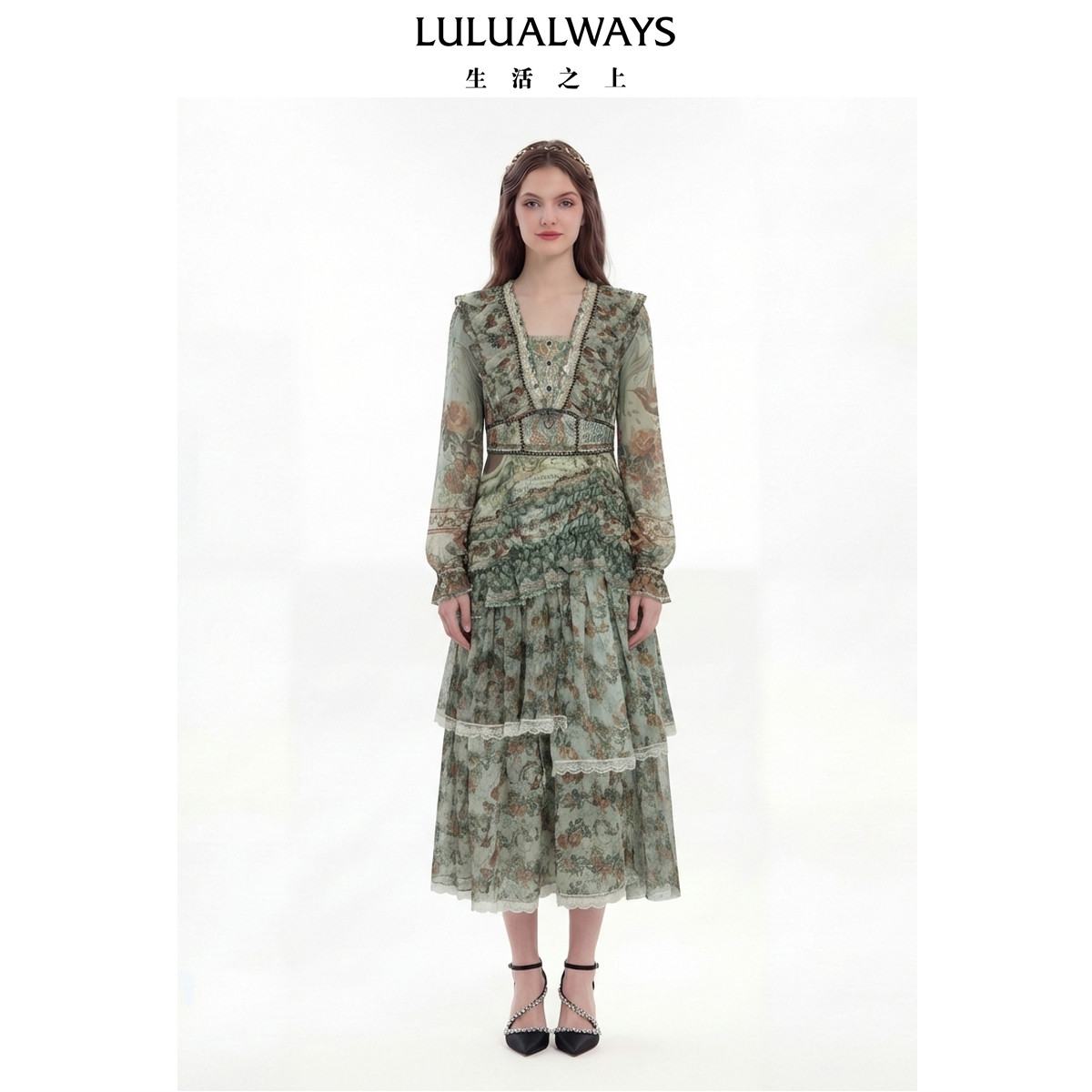 LULUALWAYS【商场同款】26春季新款法式浪漫风荷叶边雪纺连衣裙