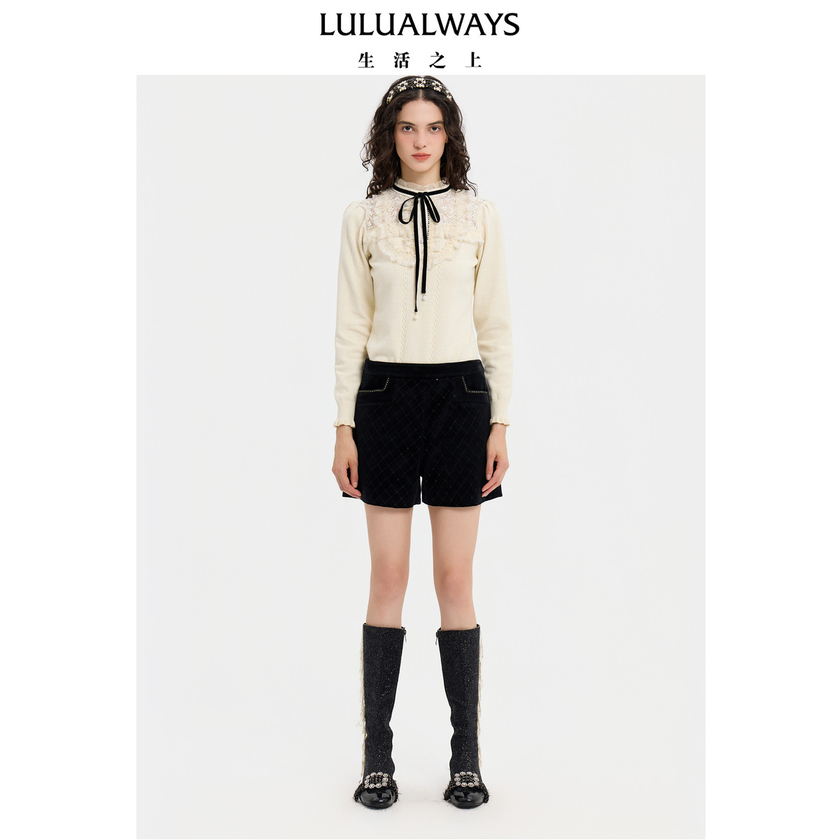 LULUALWAYS【商场同款】冬季新款温柔甜美米色木耳蕾丝拼接毛衣