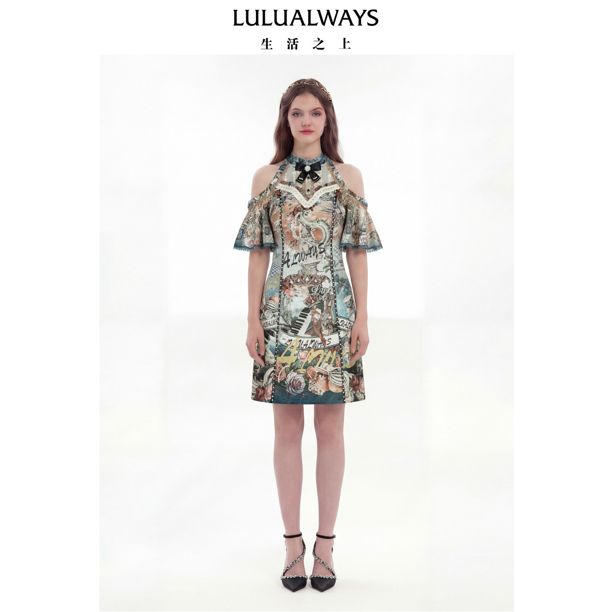 LULUALWAYS【商场同款】26春季新款法式心动挂脖露肩短款连衣裙